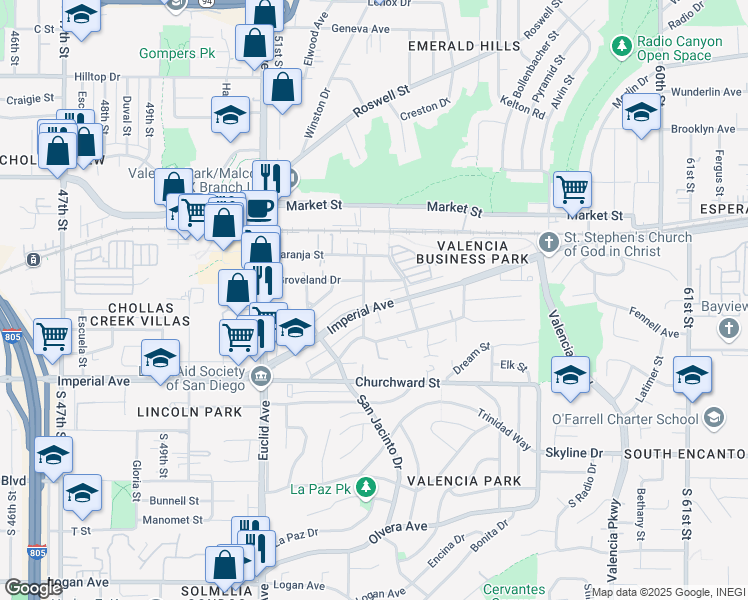 map of restaurants, bars, coffee shops, grocery stores, and more near 5285 Groveland Drive in San Diego