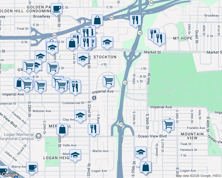 map of restaurants, bars, coffee shops, grocery stores, and more near 3343 L Street in San Diego