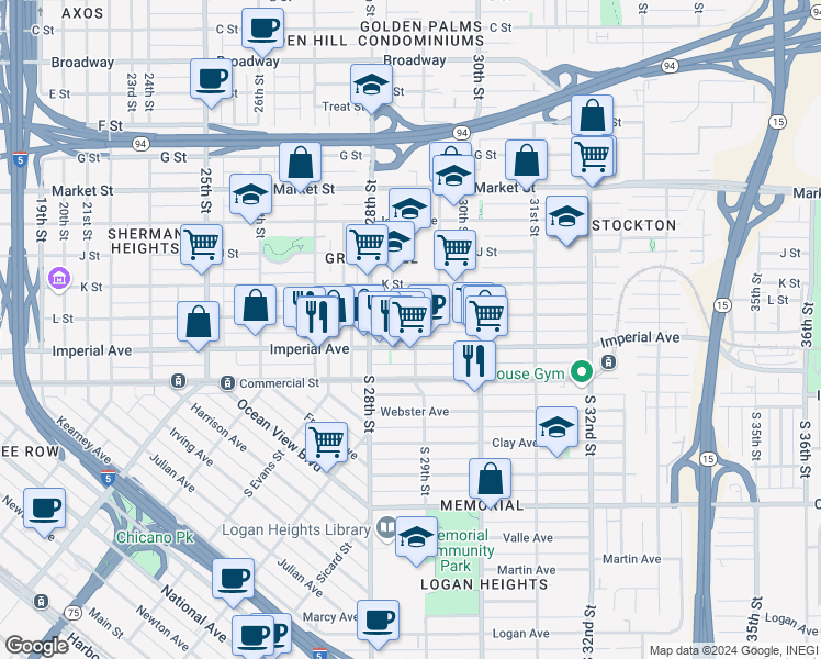 map of restaurants, bars, coffee shops, grocery stores, and more near 203 29th Street in San Diego