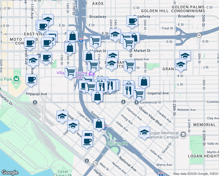 map of restaurants, bars, coffee shops, grocery stores, and more near 2144 L Street in San Diego