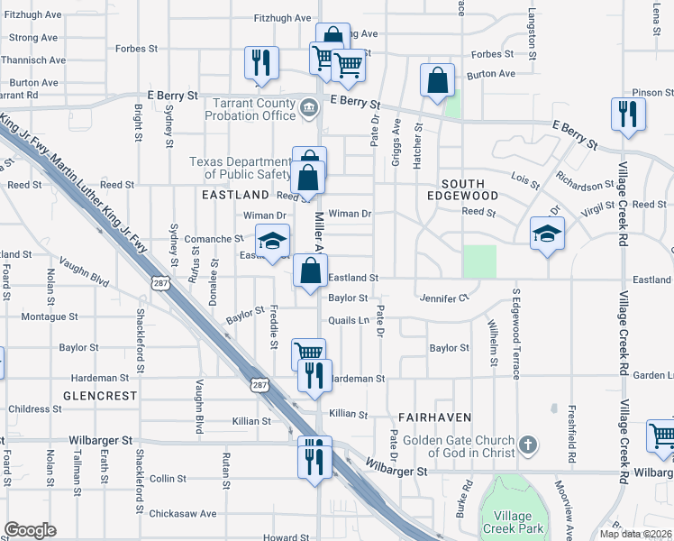 map of restaurants, bars, coffee shops, grocery stores, and more near 4224 Whitehall Street in Fort Worth