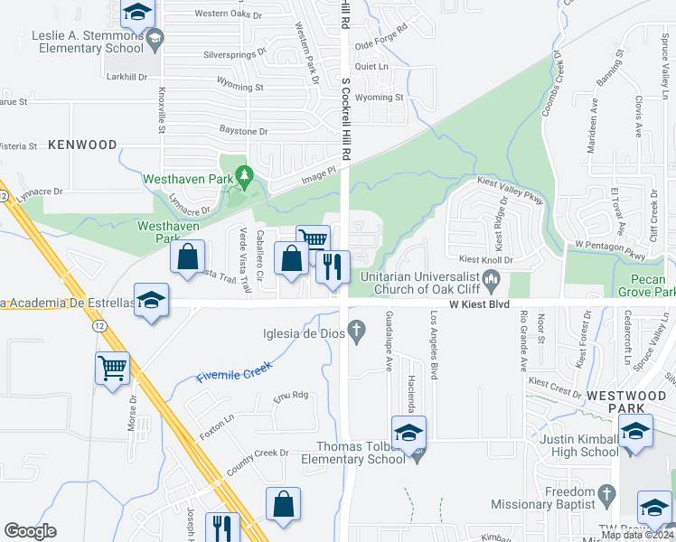 map of restaurants, bars, coffee shops, grocery stores, and more near 3033 South Cockrell Hill Road in Dallas