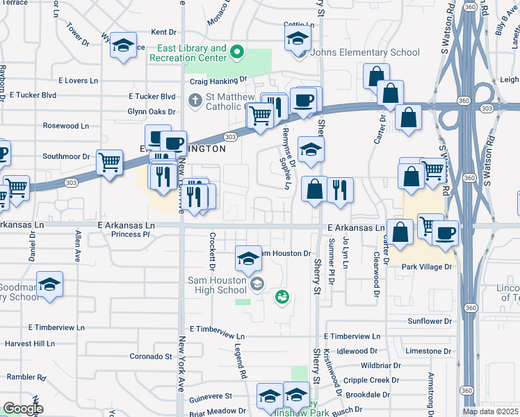 map of restaurants, bars, coffee shops, grocery stores, and more near 2003 Terlingua Lane in Arlington