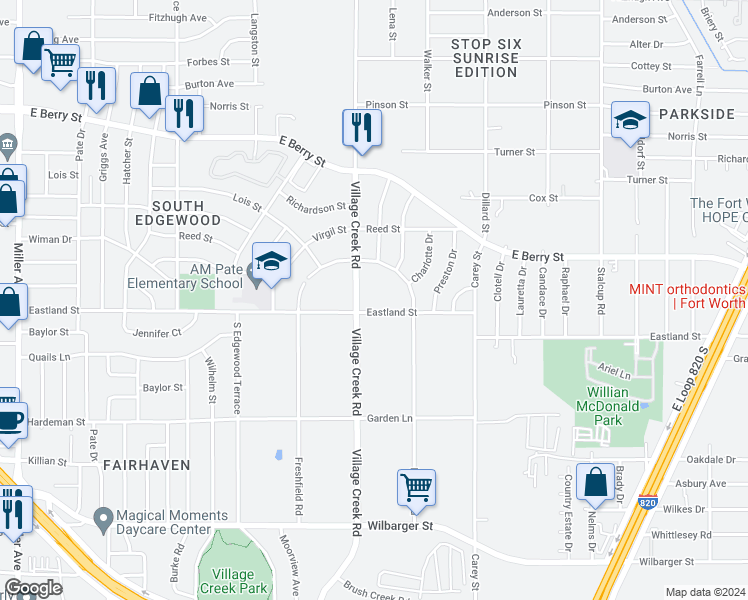 map of restaurants, bars, coffee shops, grocery stores, and more near 3825 Village Creek Road in Fort Worth