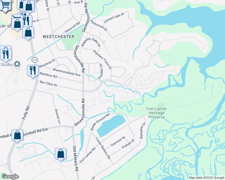 map of restaurants, bars, coffee shops, grocery stores, and more near 1255 Marshview Drive in Charleston