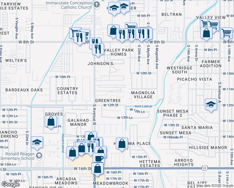 map of restaurants, bars, coffee shops, grocery stores, and more near Unnamed Road in Yuma