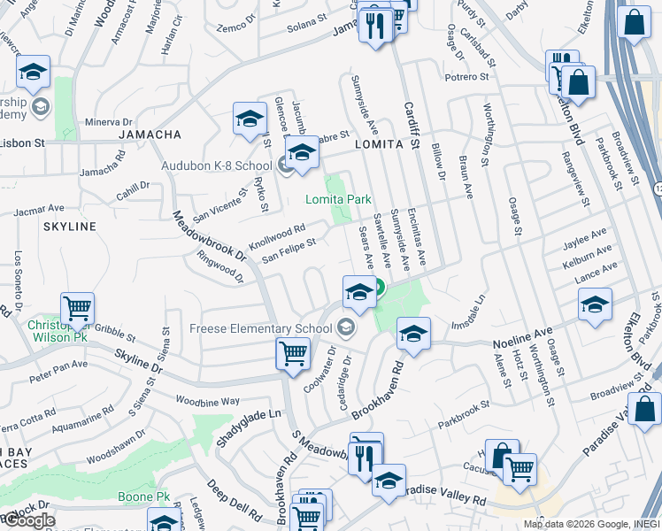 map of restaurants, bars, coffee shops, grocery stores, and more near 334 San Felipe Place in San Diego