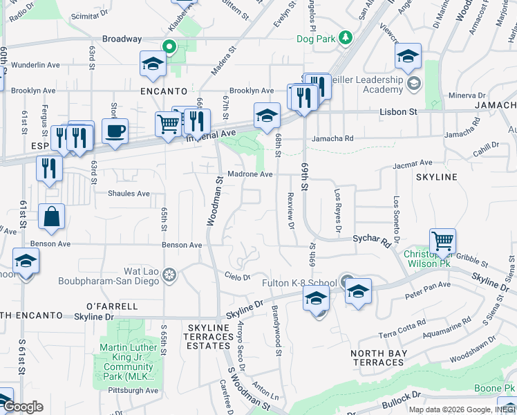 map of restaurants, bars, coffee shops, grocery stores, and more near 6720 Mezin Way in San Diego