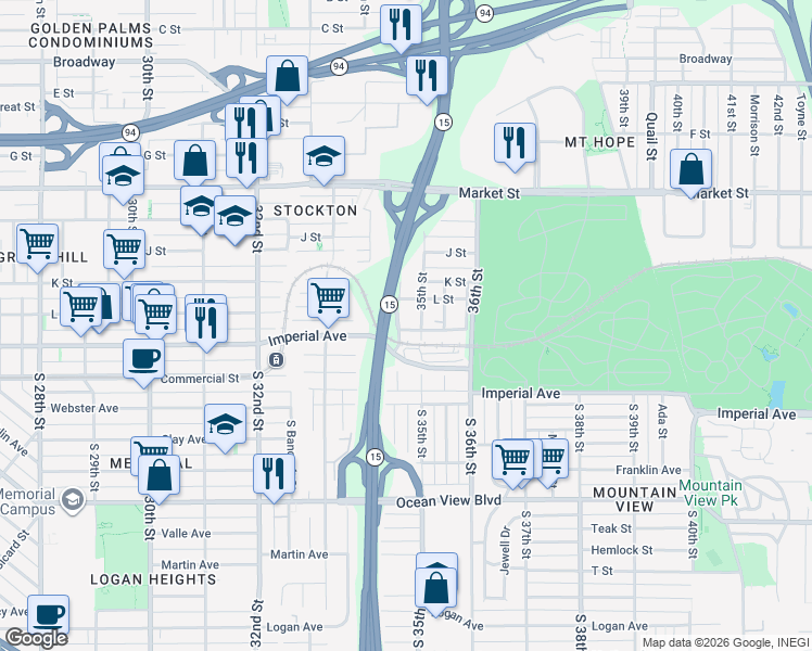 map of restaurants, bars, coffee shops, grocery stores, and more near 233 Francis Street in San Diego