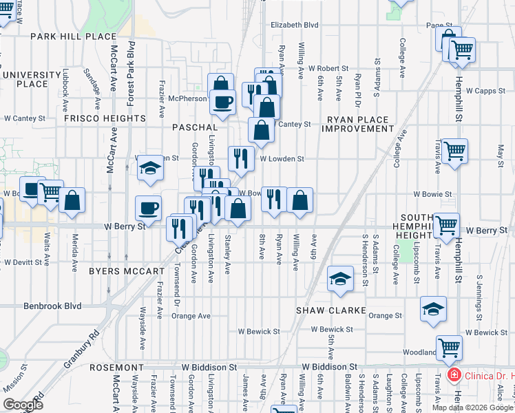 map of restaurants, bars, coffee shops, grocery stores, and more near 3004 8th Avenue in Fort Worth
