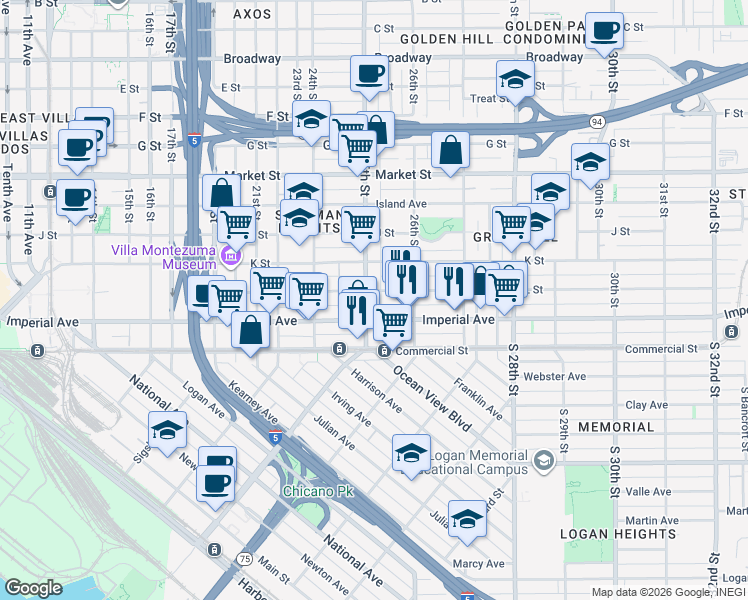 map of restaurants, bars, coffee shops, grocery stores, and more near 2530 L Street in San Diego