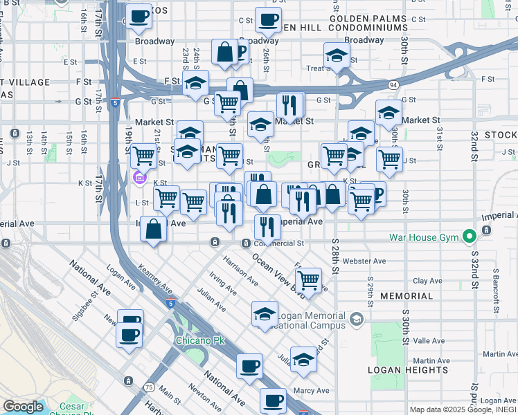 map of restaurants, bars, coffee shops, grocery stores, and more near 2567-69 L Street in San Diego