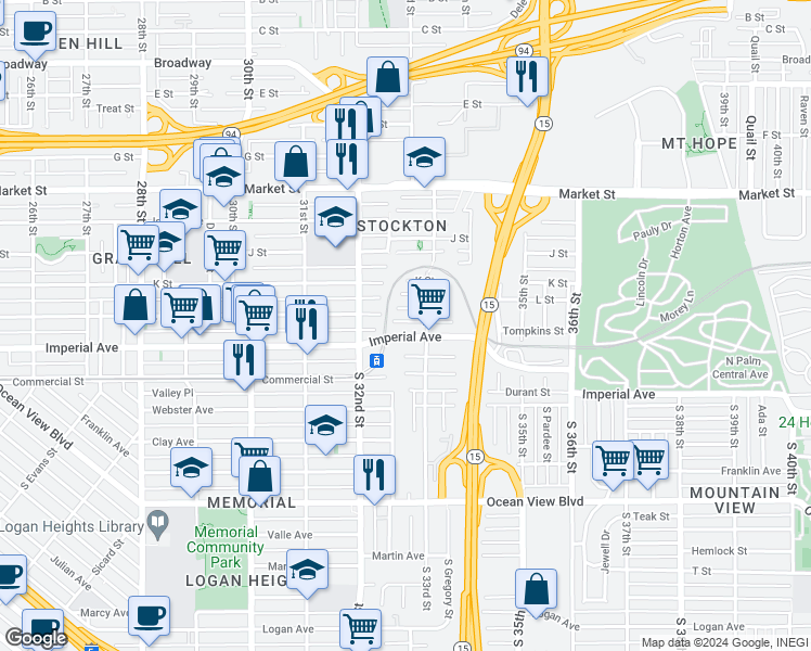 map of restaurants, bars, coffee shops, grocery stores, and more near 3273 L Street in San Diego