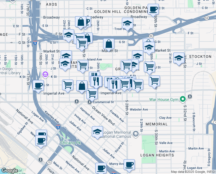 map of restaurants, bars, coffee shops, grocery stores, and more near 2672 L Street in San Diego