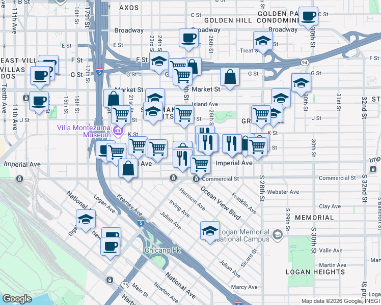 map of restaurants, bars, coffee shops, grocery stores, and more near 2530 L Street in San Diego