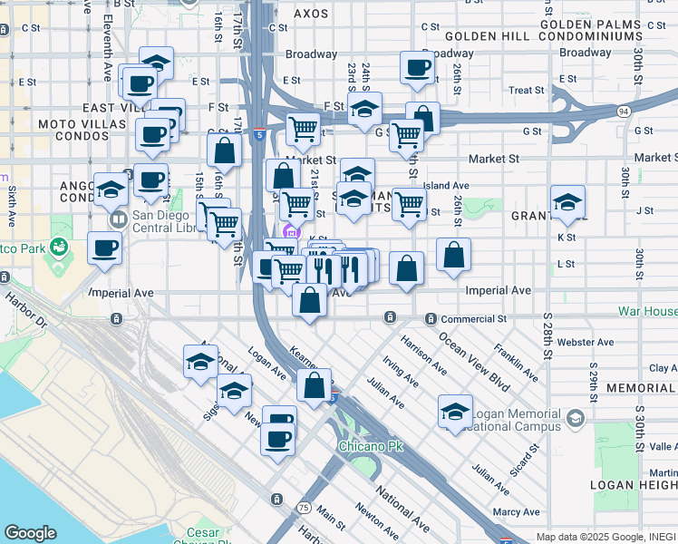 map of restaurants, bars, coffee shops, grocery stores, and more near 2144 L Street in San Diego