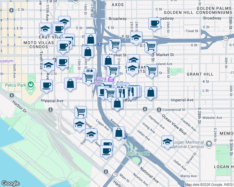 map of restaurants, bars, coffee shops, grocery stores, and more near 2004-10 L Street in San Diego