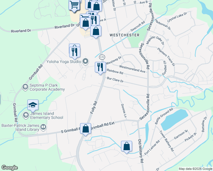 map of restaurants, bars, coffee shops, grocery stores, and more near 1548 Folly Road in Charleston