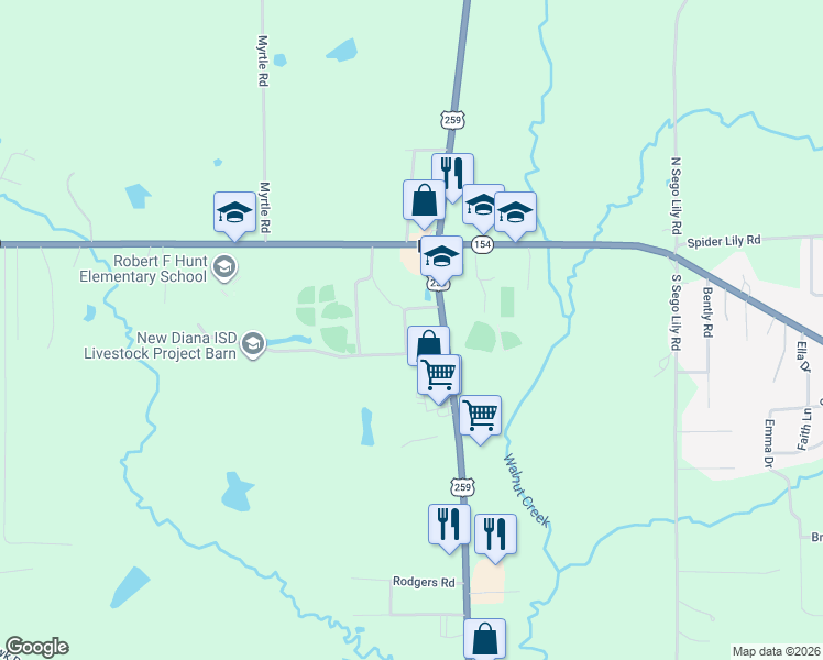 map of restaurants, bars, coffee shops, grocery stores, and more near 1615 Handy Road in Diana