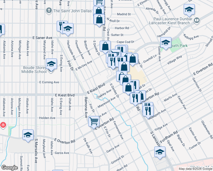 map of restaurants, bars, coffee shops, grocery stores, and more near 1338 East Kiest Boulevard in Dallas