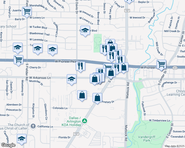 map of restaurants, bars, coffee shops, grocery stores, and more near 1032 West Pioneer Parkway in Arlington
