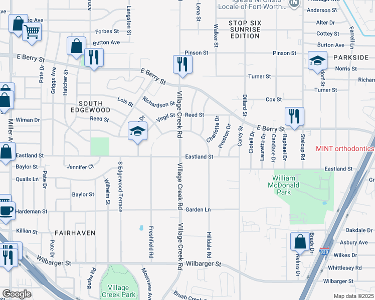 map of restaurants, bars, coffee shops, grocery stores, and more near 3825 Village Creek Road in Fort Worth