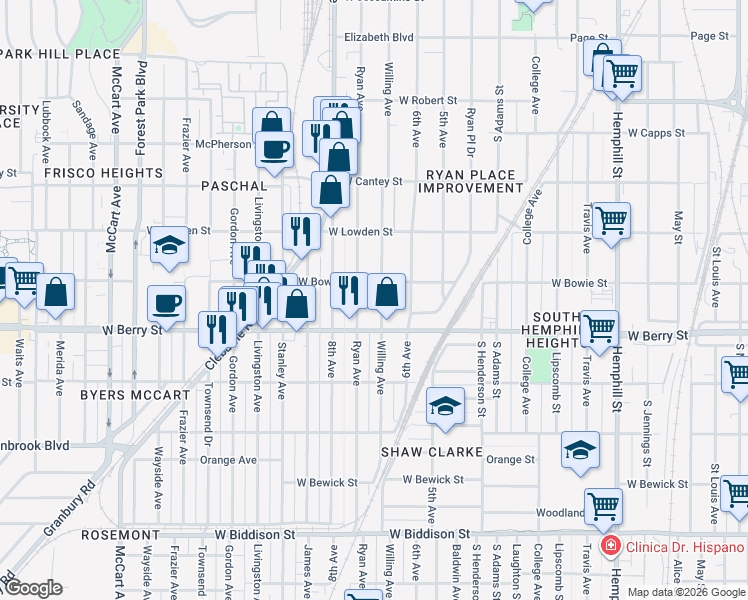 map of restaurants, bars, coffee shops, grocery stores, and more near 3005 Ryan Avenue in Fort Worth