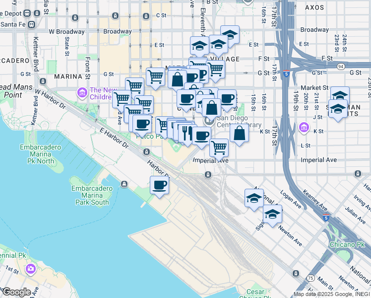 map of restaurants, bars, coffee shops, grocery stores, and more near 100 Park Boulevard in San Diego