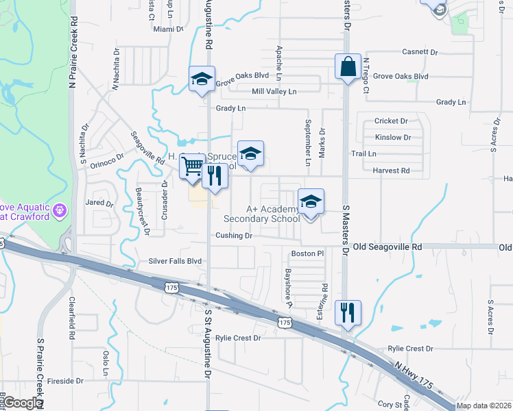 map of restaurants, bars, coffee shops, grocery stores, and more near 332 Campus Drive in Dallas
