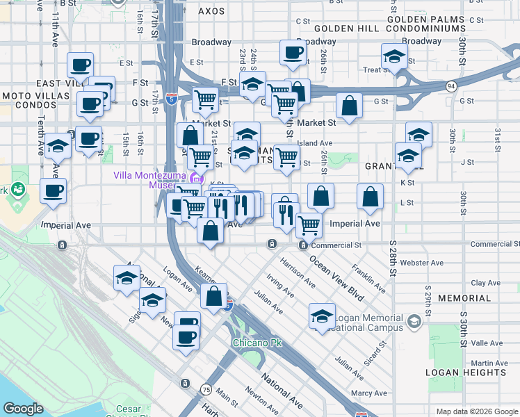 map of restaurants, bars, coffee shops, grocery stores, and more near 2276 L Street in San Diego