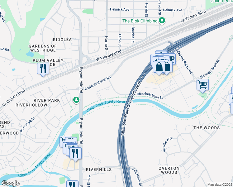 map of restaurants, bars, coffee shops, grocery stores, and more near 5651 Clearfork Main Street in Fort Worth