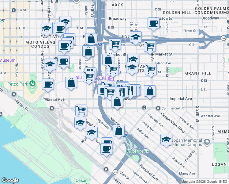 map of restaurants, bars, coffee shops, grocery stores, and more near 165 20th Street in San Diego