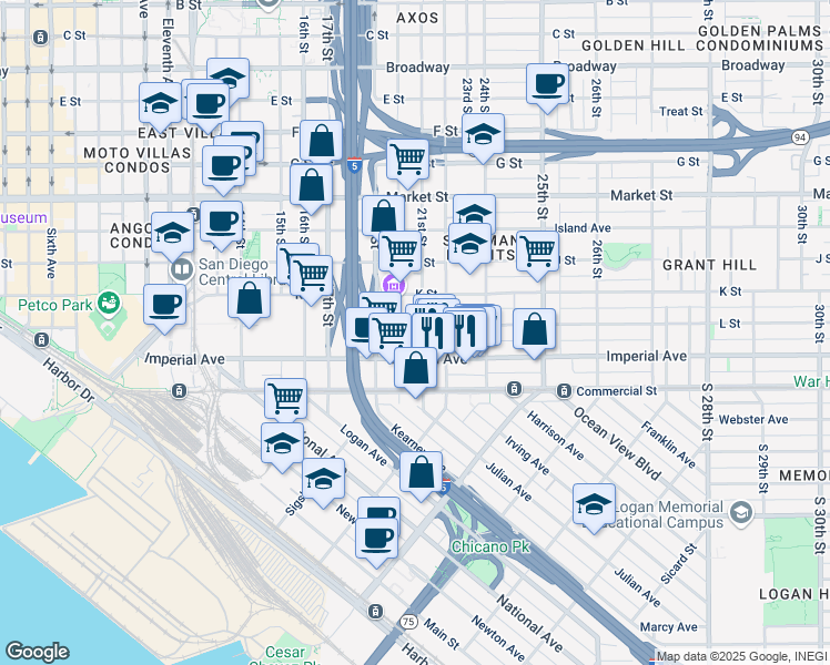 map of restaurants, bars, coffee shops, grocery stores, and more near 2004-10 L Street in San Diego