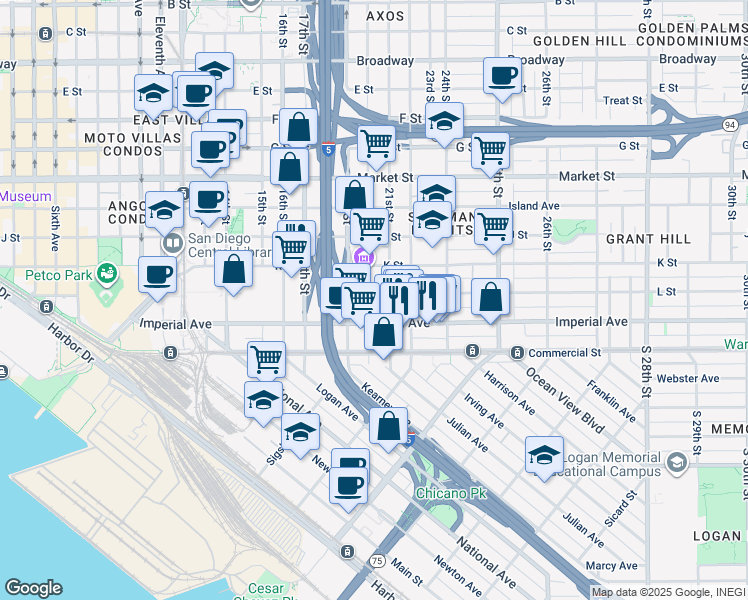 map of restaurants, bars, coffee shops, grocery stores, and more near 2004-10 L Street in San Diego