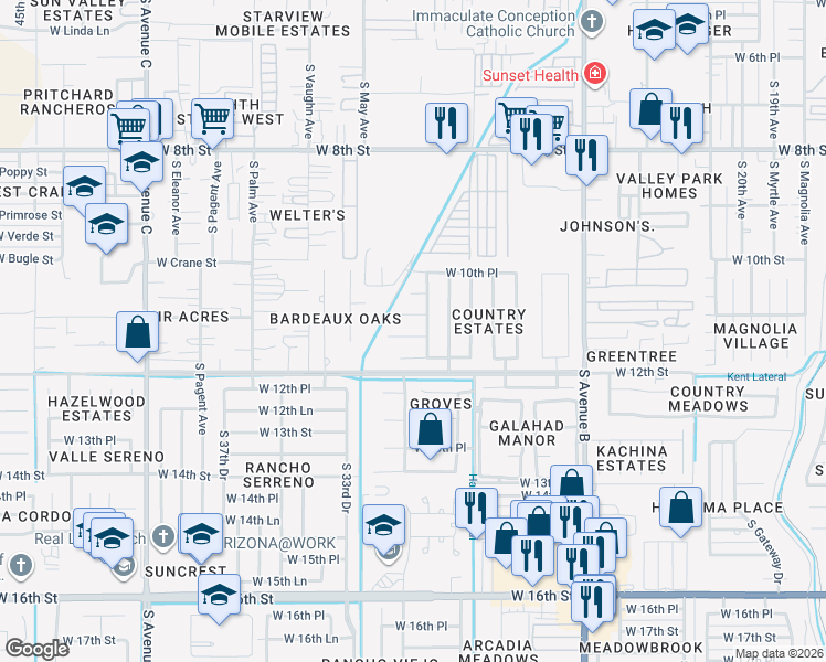 map of restaurants, bars, coffee shops, grocery stores, and more near 2939 West 11th Street in Yuma