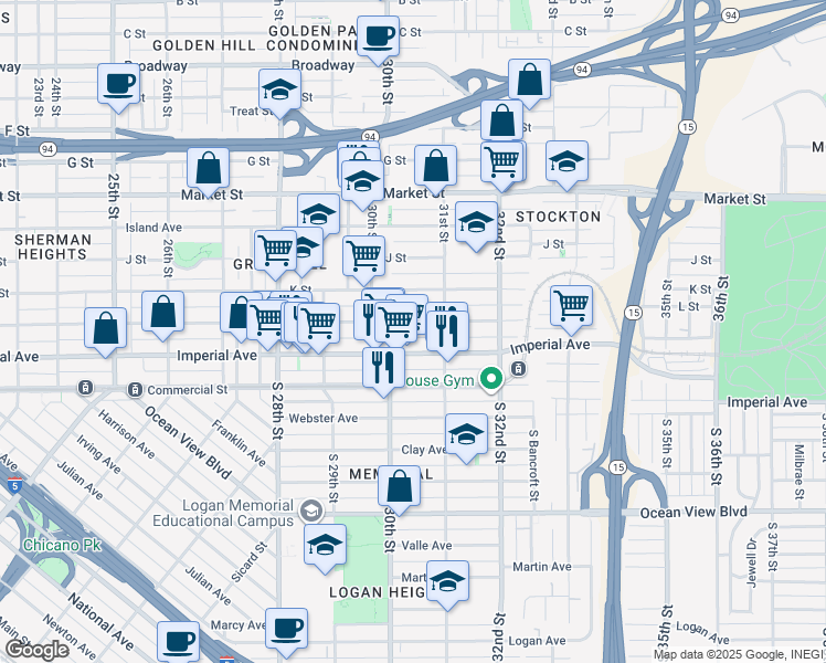 map of restaurants, bars, coffee shops, grocery stores, and more near 3045 L Street in San Diego