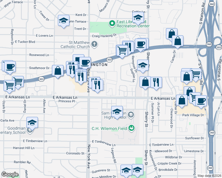 map of restaurants, bars, coffee shops, grocery stores, and more near 2014 Bridgeview Drive in Arlington