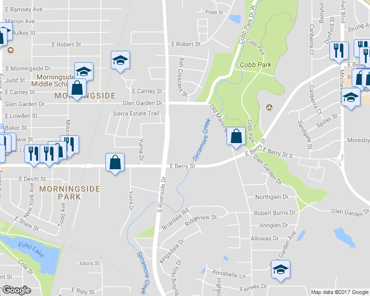 map of restaurants, bars, coffee shops, grocery stores, and more near 2851 South Riverside Drive in Fort Worth