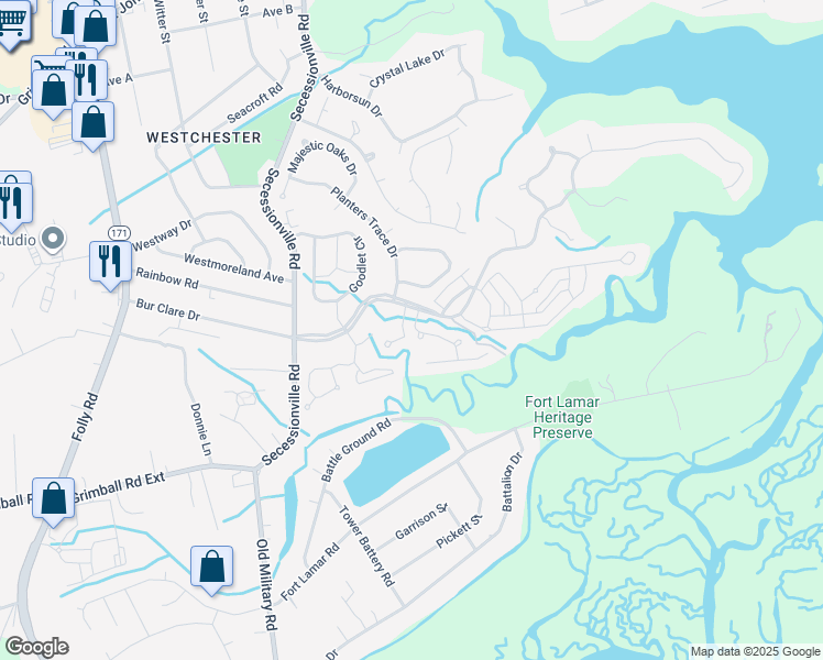 map of restaurants, bars, coffee shops, grocery stores, and more near 1359 Ellison Run in Charleston
