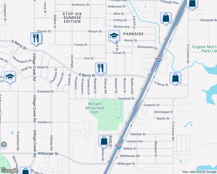 map of restaurants, bars, coffee shops, grocery stores, and more near 3829 Stalcup Road in Fort Worth