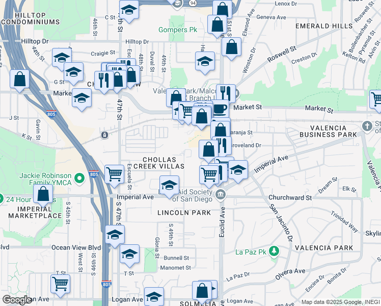 map of restaurants, bars, coffee shops, grocery stores, and more near Willie James Jones Avenue in San Diego
