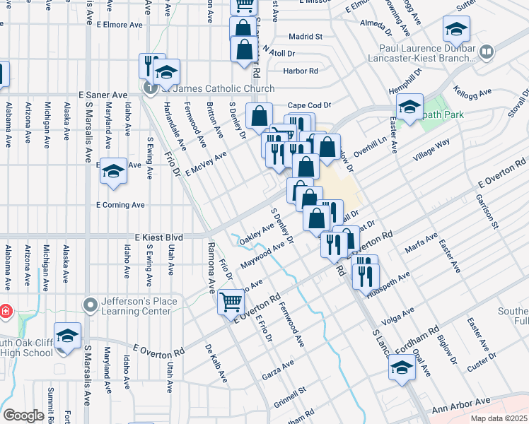 map of restaurants, bars, coffee shops, grocery stores, and more near 1338 East Kiest Boulevard in Dallas