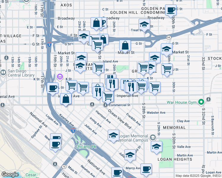 map of restaurants, bars, coffee shops, grocery stores, and more near 2567 L Street in San Diego