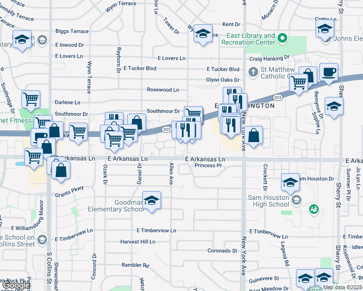 map of restaurants, bars, coffee shops, grocery stores, and more near 2236 Browning Drive in Arlington