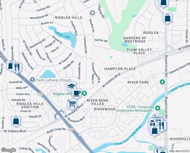 map of restaurants, bars, coffee shops, grocery stores, and more near 4405 Cumberland Road in Fort Worth