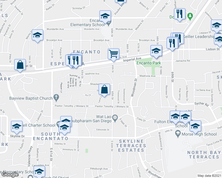 map of restaurants, bars, coffee shops, grocery stores, and more near 6461 Shaules Avenue in San Diego