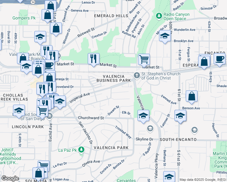 map of restaurants, bars, coffee shops, grocery stores, and more near 265 55th Street in San Diego