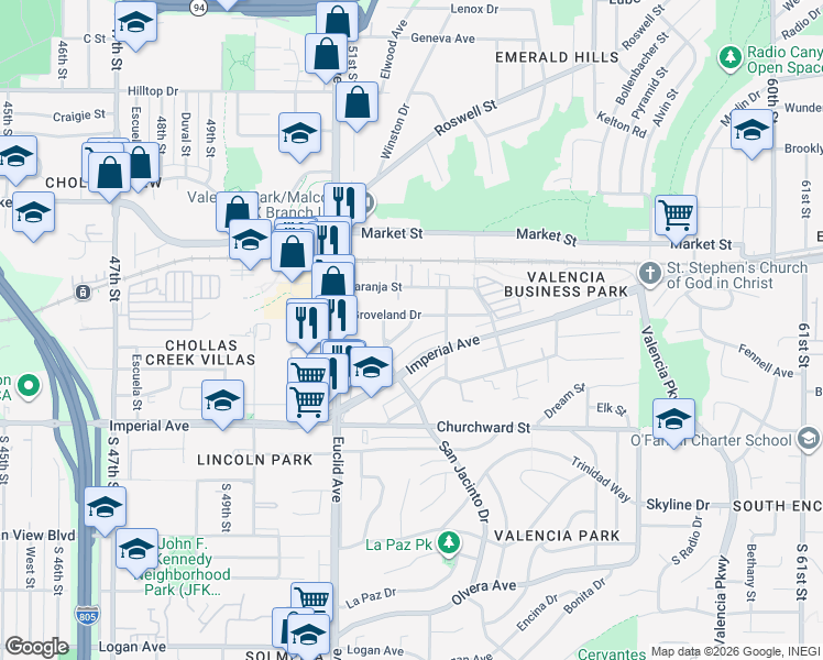 map of restaurants, bars, coffee shops, grocery stores, and more near 5225 Groveland Drive in San Diego