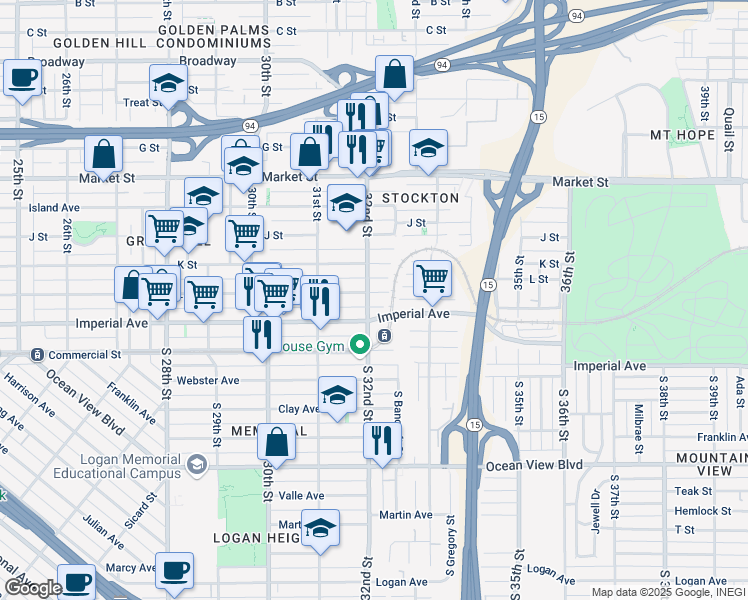 map of restaurants, bars, coffee shops, grocery stores, and more near 3228 L Street in San Diego
