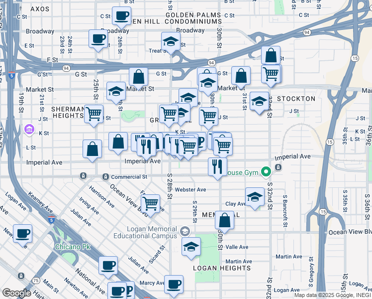 map of restaurants, bars, coffee shops, grocery stores, and more near 203 29th Street in San Diego